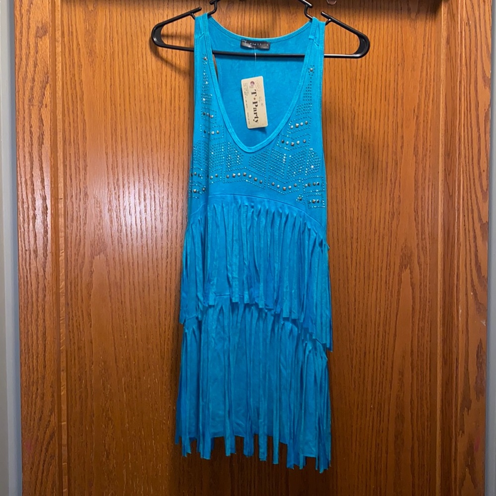 Teal country tank with fringe, size Large